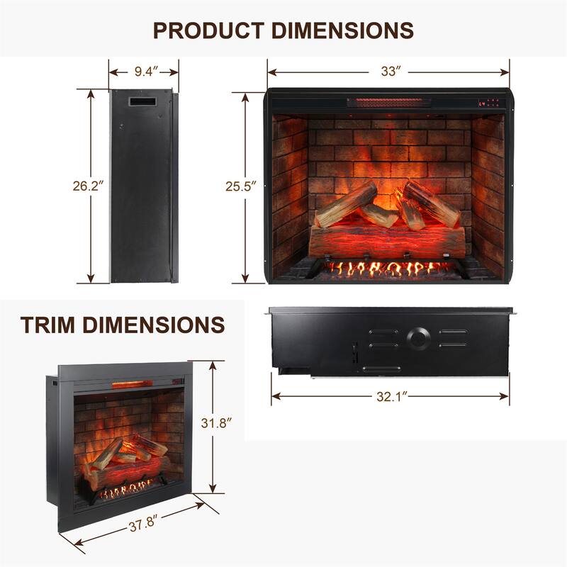 33" Infrared Electric Fireplace with Removable Trim Kit