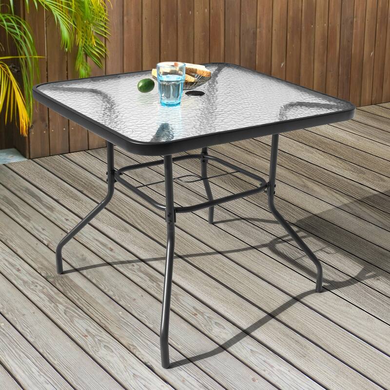 Square Metal Outdoor Dining Table with Umbrella Hole and Tempered Glass Tabletop, Black