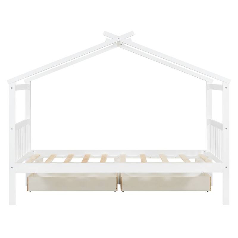 Twin Size House Bed with Storage Drawers and Solid Wood Frame