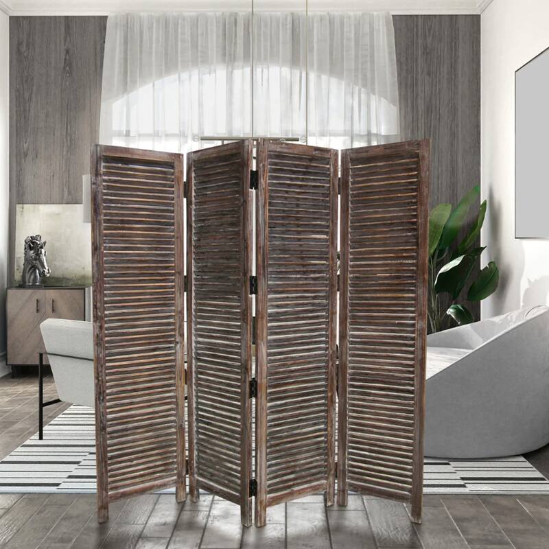 4 Panel Room Divider with Shutter Design, Weathered Brown