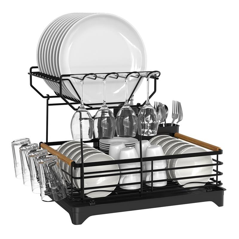Double-Layer Dish Rack with Bamboo Handle