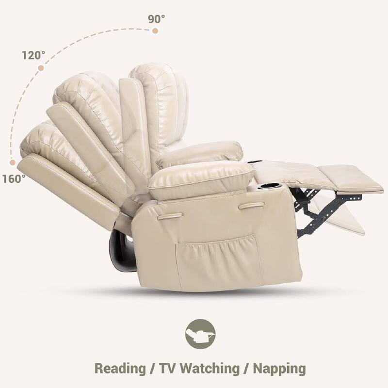 Oversized Manual PU Leather Recliner Sofa Chair with Cup Holders