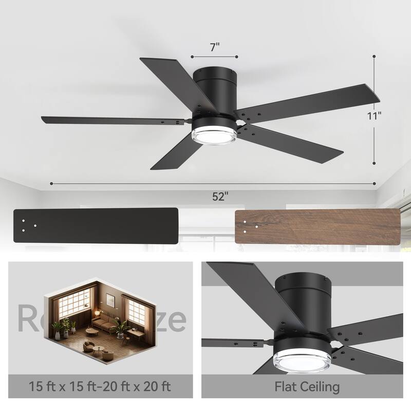 52" Reversible 5-Blade Flush Mount Ceiling Fan with LED Light and Remote