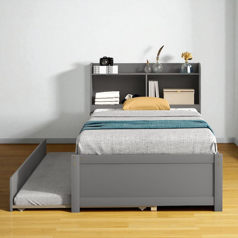 Twin/Full Bed Frame with Pull-Out Trundle and Bookcase Headboard, No Box Spring Needed - Grey - Twin