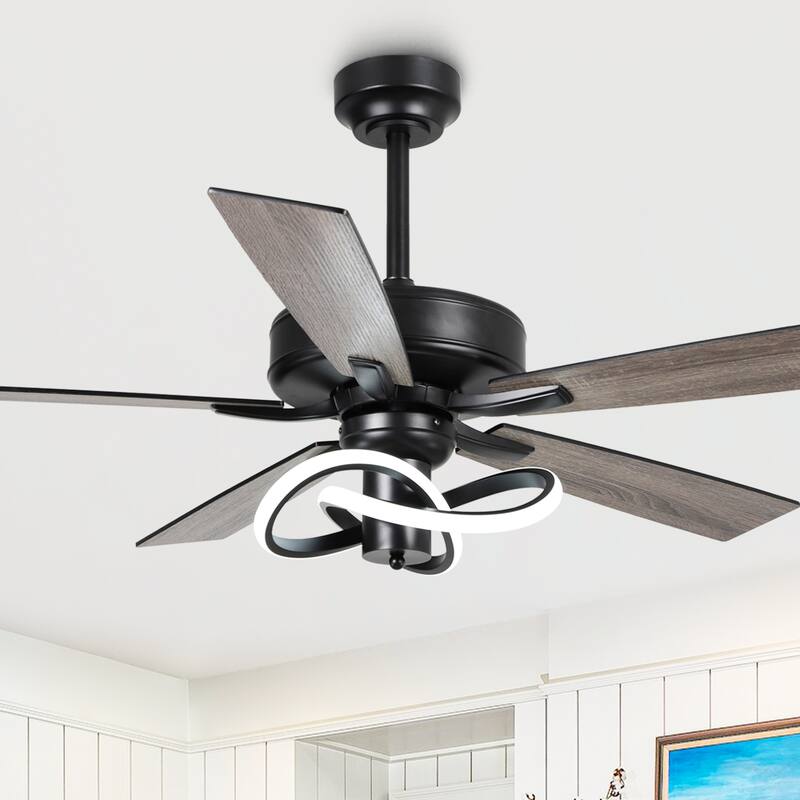 52" Modern Matte Black Reversible Integrated LED Dimmable Ceiling Fan with LED Light and Remote