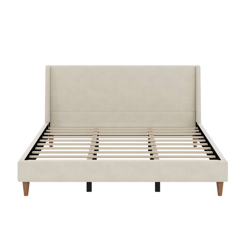 King Low-Profile Platform Bed with Headboard, Beige Boucle