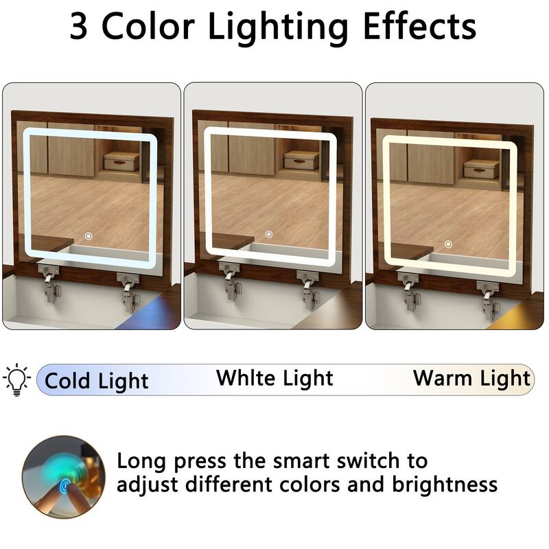 Vanity Desk with Flip-Up Mirror, 10 Drawers & Dimmable LED Lights, Makeup Table Set with Stool