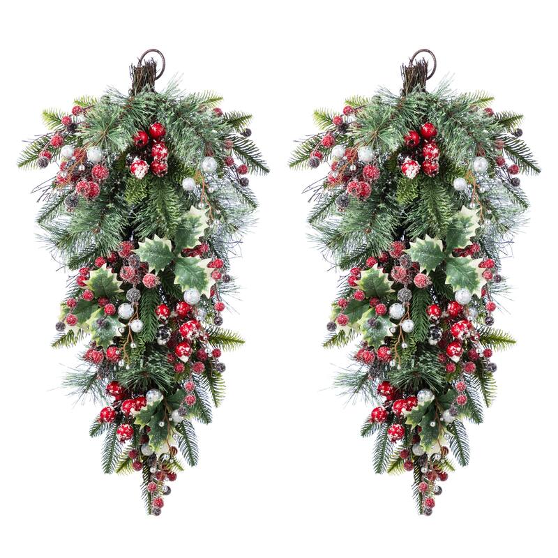 Glitzhome Christmas Berry Bow Pinecone Bell Holy Leaf Teardrop Swag Xmas Wreath - 2PK-E