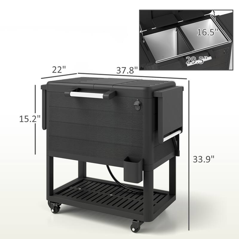 Patio Cooler Cart with Swivel Casters, Folding Lid, Bottle Opener, Towel Rack, Foldable Side Tables - 37" L x 22" W x 33.9" H