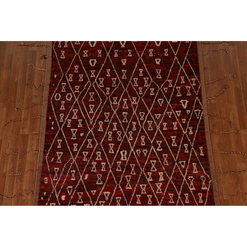 Hand Knotted Oriental 100% Wool Carpet Tribal Trellis Red Moroccan Area Rug - 8' 3'' X 5' 7''