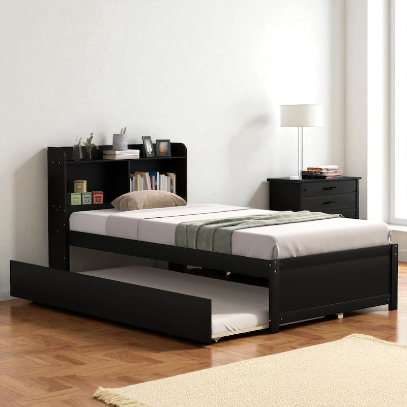 Twin/Full Bed Frame with Pull-Out Trundle and Bookcase Headboard, No Box Spring Needed