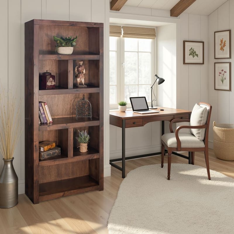 Bridgevine Home Sausalito 79 inch high Bookcase, No Assembly Required, Whiskey Finish - Whiskey