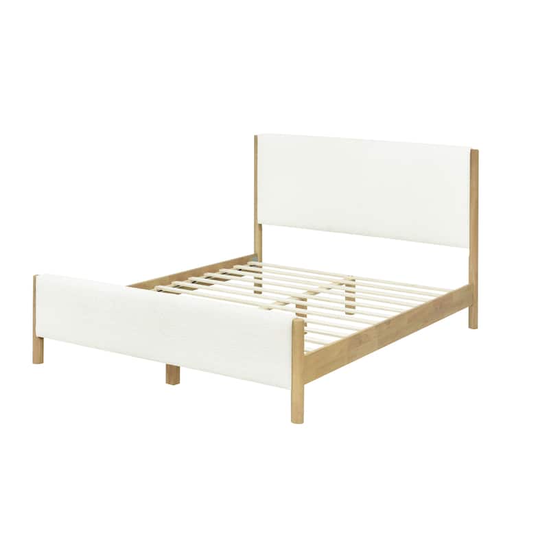Modern White Boucle Upholstered Bed with Rubberwood Legs, Queen