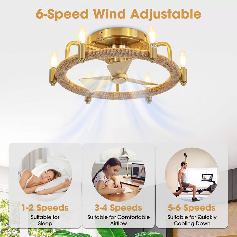 20.4" Gold Hemp Rope Chandelier Low Profile Caged Ceiling Fan with Light - 20.35 in. D x 20.35 in. W x 6.54 in. H