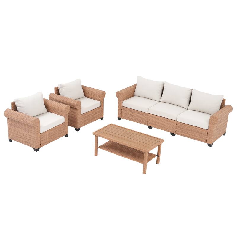 Outdoor 4-Piece Garden Patio Sofa Set, with Three-Seater Sofa