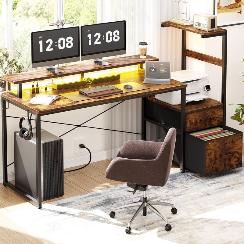 60'' Reversible Gaming Desk with Monitor Stand & Fabric Drawers，Home Office Computer Desk with RGB LED Strip & Power Outlets - Rustic Brown