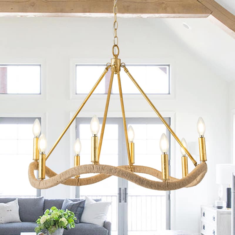 Modern Farmhouse Gold Natural Jute Large Candle Chandelier - 27.6 in. D x 27.6 in. W x 23.6 in. H