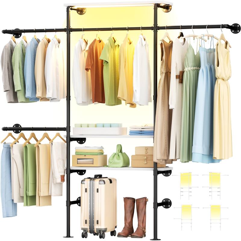 87"W Industrial Pipe Clothing Racks with LED Lights & Open Shelves,Reversible Walk-in Closet Oraganizer System Garment Racks