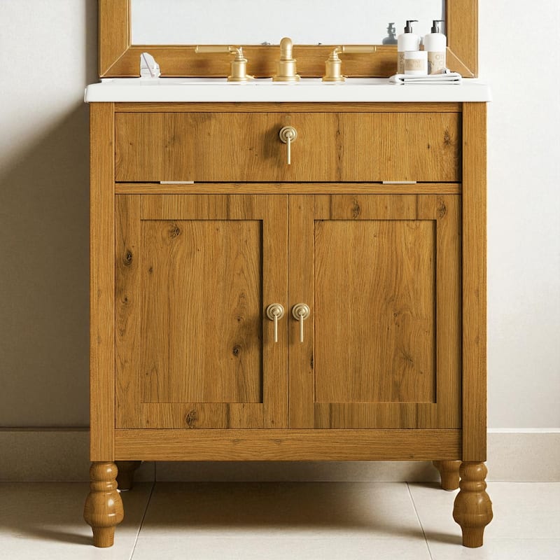 30" Bathroom Vanity with Seashell Resin Sink Flip-Up Storage Soft Close Doors and Solid Wood Legs - Brown