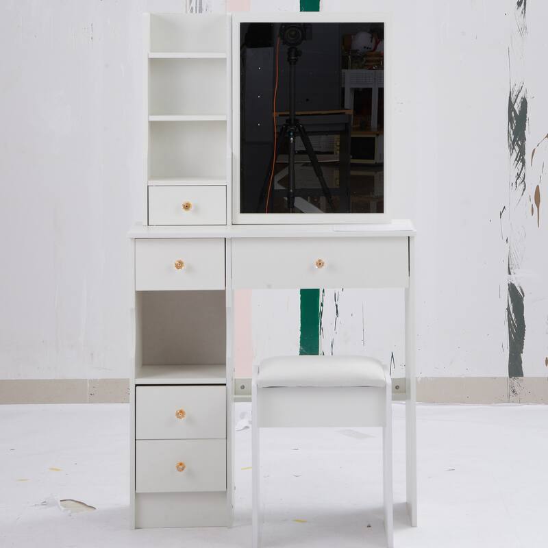 29.2" Small Space Left Drawer Desktop Vanity Table + Cushioned Stool, Extra Large Right sliding mirror