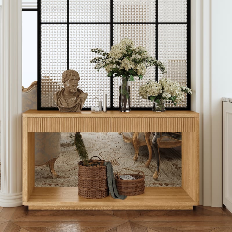 60" Modern 2-Drawer Fluted Console Table Natural Wood Veneer Sofa Table Behind Couch Table for Living Room