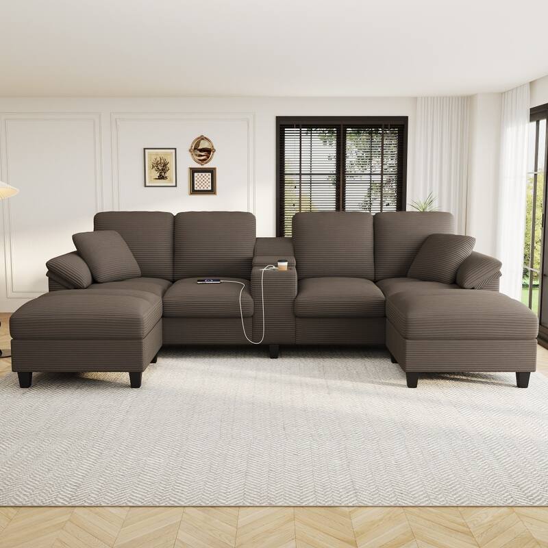 116.9" Modern Sectional Sofa with Storage Ottomans and USB Ports, Cup Holders - Brown