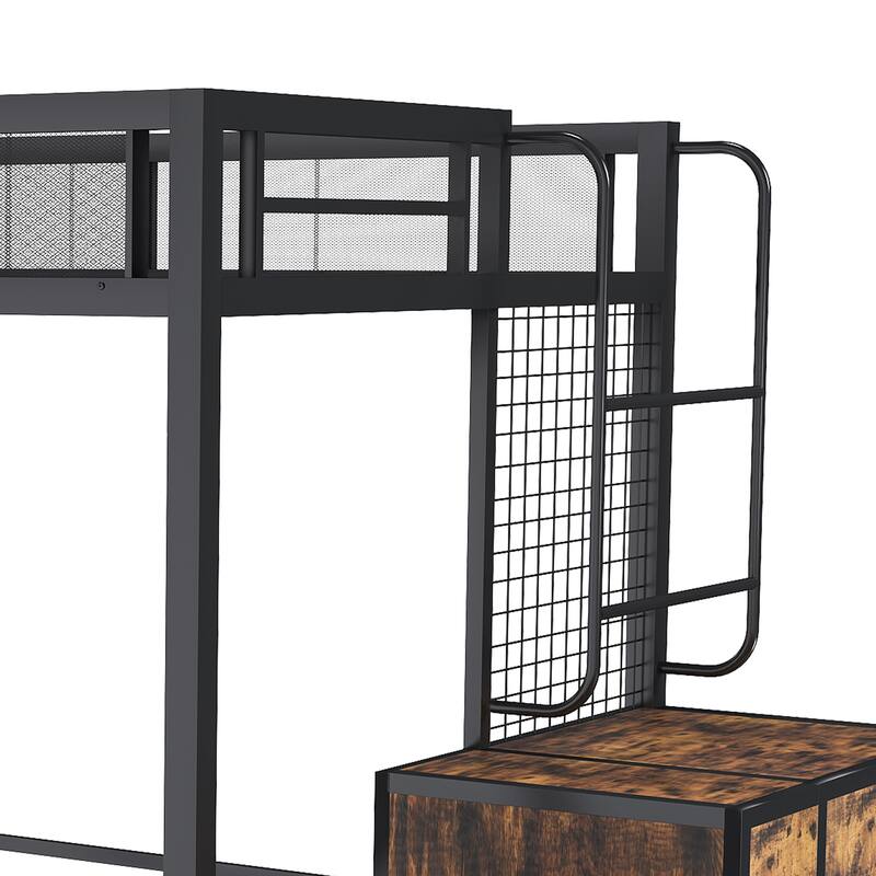 Full Loft Bed with Desk & USB Charging - Heavy Metal Frame, 4 Hidden Drawers, Staircase & Storage Rack Space-Saving