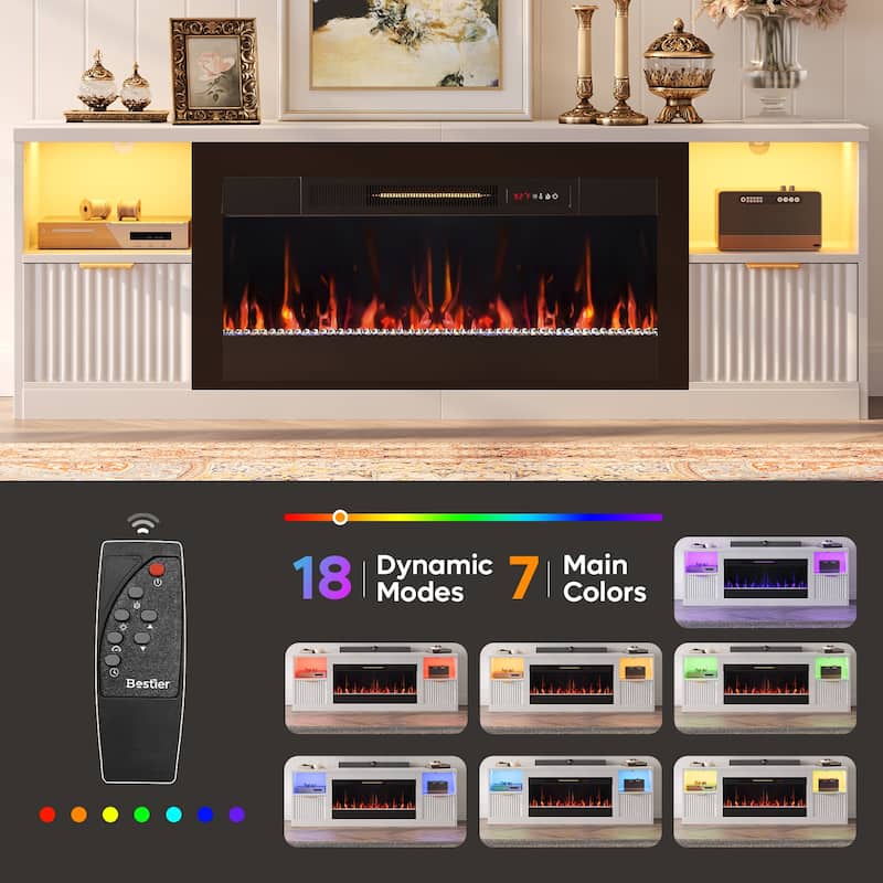 Bestier 71 in. Fluted Glossy White TV Stand with Electric Fireplace Fits TV Up to 80 in. Entertainment Center with Cabinet