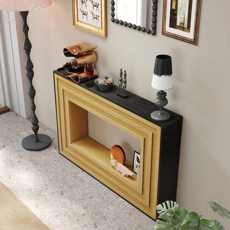 Modern Contrast Console Table with Layered Wood Frame and Black Top