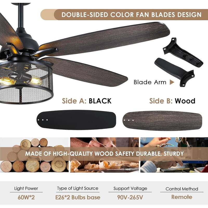 48"/56" Modern Caged Chandelier Ceiling Fan with Remote,Wood Grain Caged Fandelier DC Motor For Bedroom,Living Room