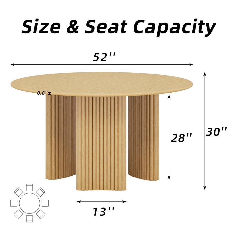Modern Round Dining Table with Striped Column Legs Solid Wood Kitchen Table Anti-Scratch Footpads