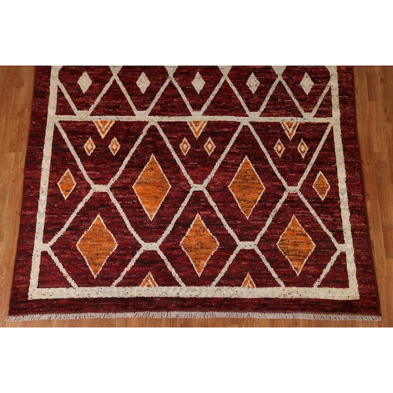 Hand Knotted Oriental 100% Wool Carpet Modern Geometric Red Moroccan Area Rug - 9' 10'' X 6' 8''