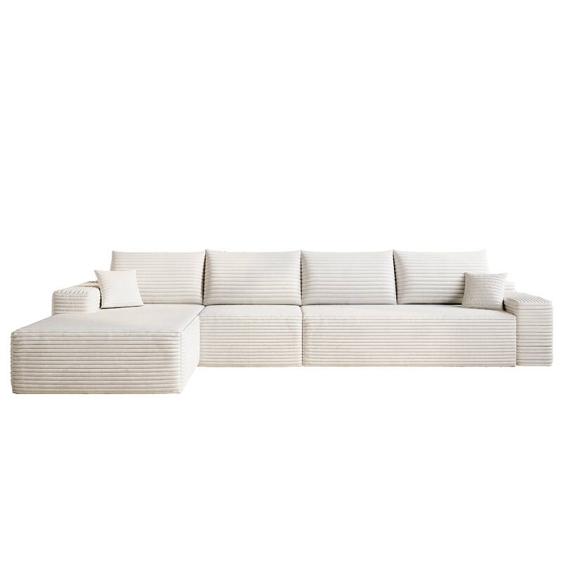 Plush Corduroy Upholstered L-shaped Sectional Sofa with Chaise, Modular Deep Seat Couch with Pillows for Living Room