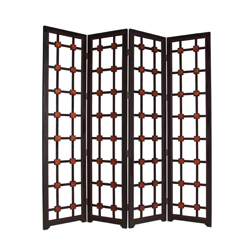 Wooden 4 Panel Screen with Modern Cosmopolitan Design, Black and Red