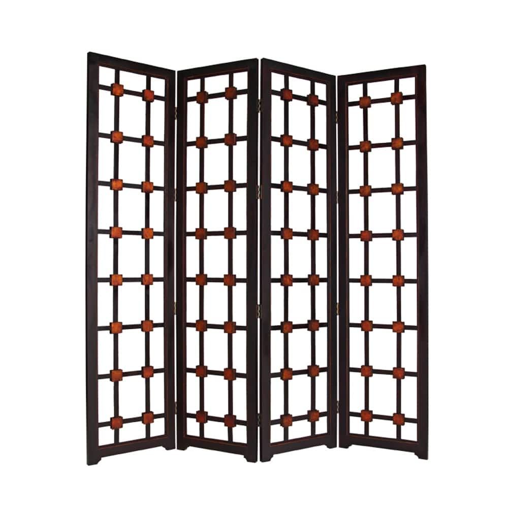 Wooden 4 Panel Screen with Modern Cosmopolitan Design, Black and Red