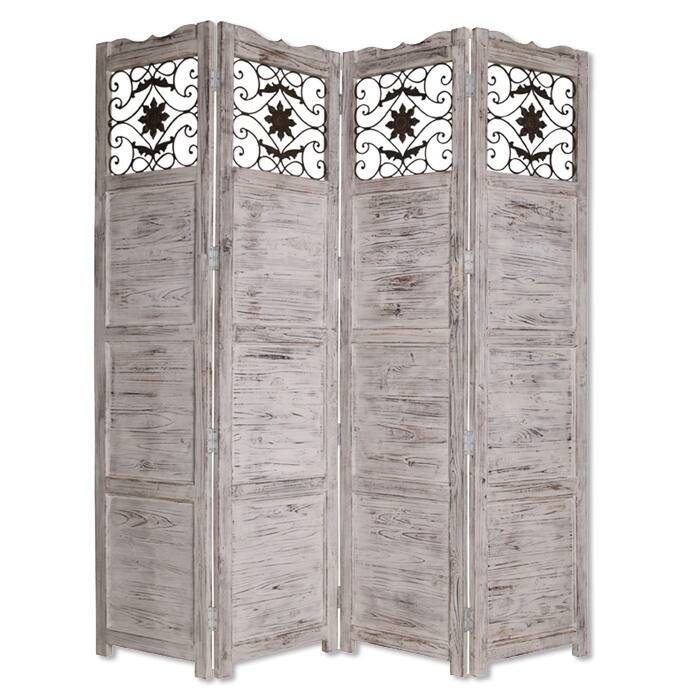 Wooden 4 Panel Screen with Textured Panels and Scrolled Details, White