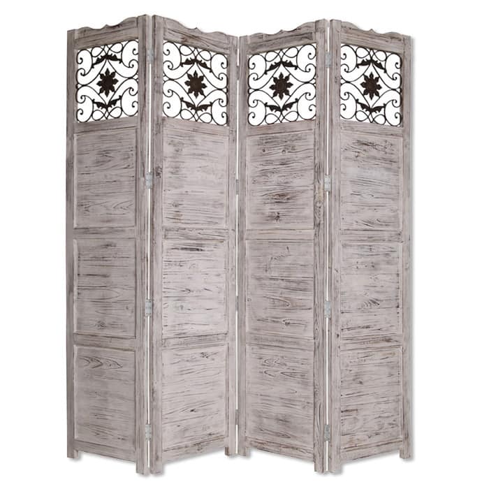 Wooden 4 Panel Screen with Textured Panels and Scrolled Details, White