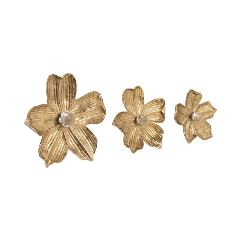 Modern Five Petal Flower Decorative Wall Art Sculpture- Set of 3, 18", Gold