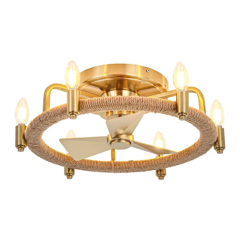 20.4" Gold Hemp Rope Chandelier Low Profile Caged Ceiling Fan with Light - 20.35 in. D x 20.35 in. W x 6.54 in. H