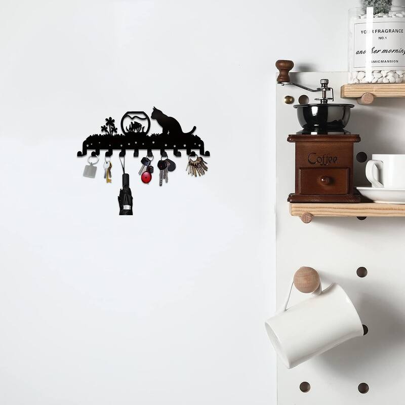 Adorable Kitty Black Iron Wall Mounted Rack with 10 Hooks for Entryway or Bedroom - 13.78”L x 5.51”H