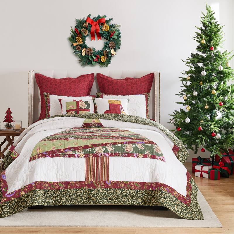 Greenland Home Fashions Christmas Tree Patchwork Cotton Quilt Set