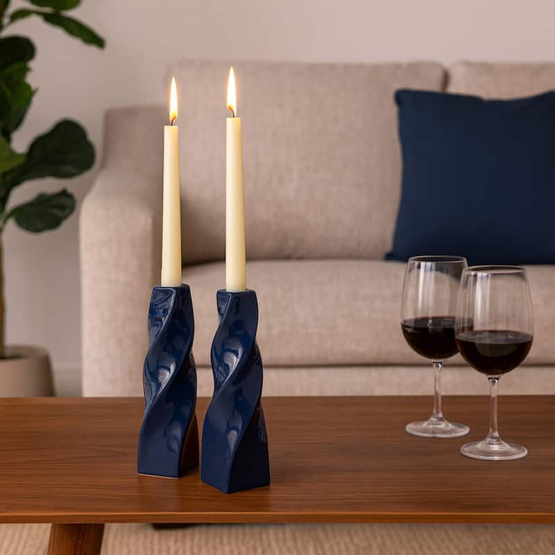 Blue Tall Curvy Santa Fe Style Ceramic Candlesticks Set of Two