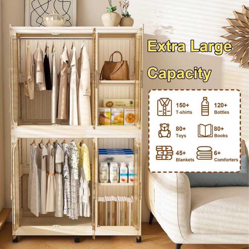 Movable Children's Wardrobe with Wheels, Portable Wardrobe Closet Storage Cabinet Organizer with 2 Hanging Rod, Creamy White