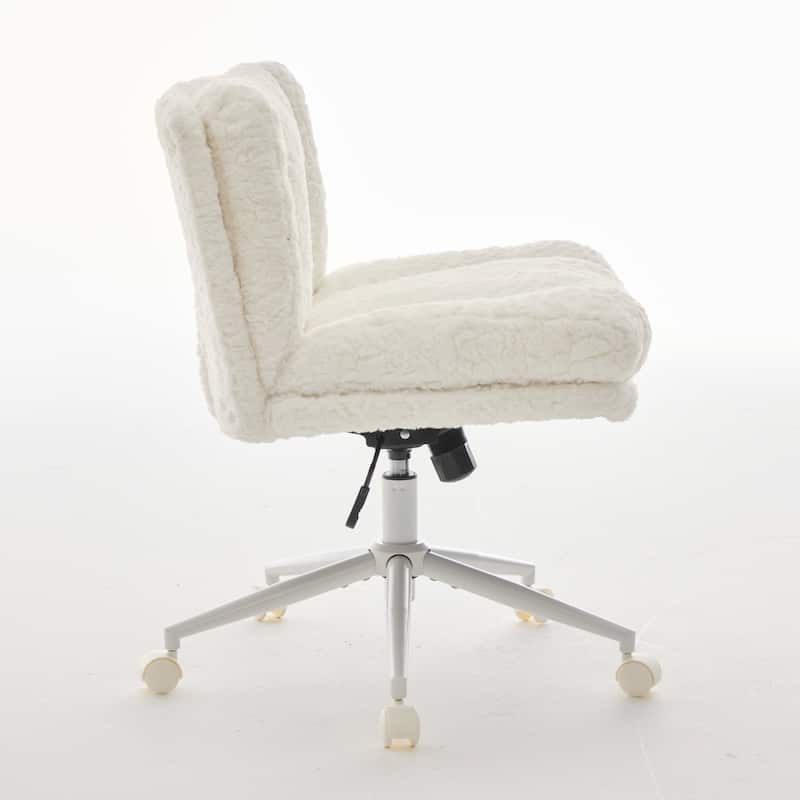 Roomfitters Wide Faux Fur Office Chair, Adjustable Swivel Desk Chair with White Metal Base, Cozy Upholstered Vanity Chair