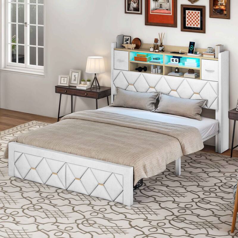 Moasis Upholstered Bed Frame with Storage Headboard And Charging Station and LED Light