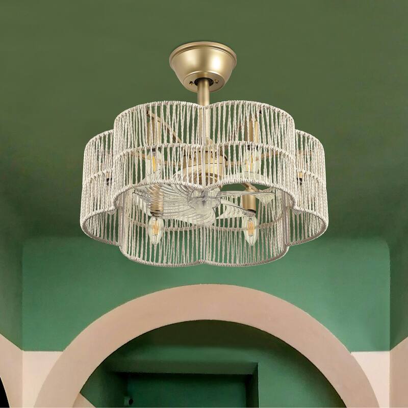 GetLedel 19.7" Woven Scalloped Rattan Ceiling Fan with Remote and Light