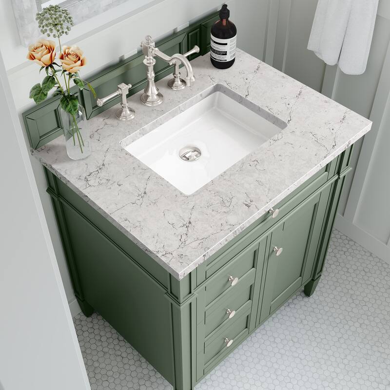 James Martin Vanities Brittany 30" Single Vanity, Smokey Celadon - Eternal Jasmine Pearl Quartz