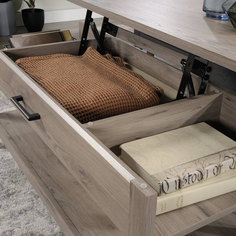 Wood Lift-Top Coffee Table with Hidden Storage and Open Shelf, Brown - 43.31" L x 19.29" W x 18.98" H