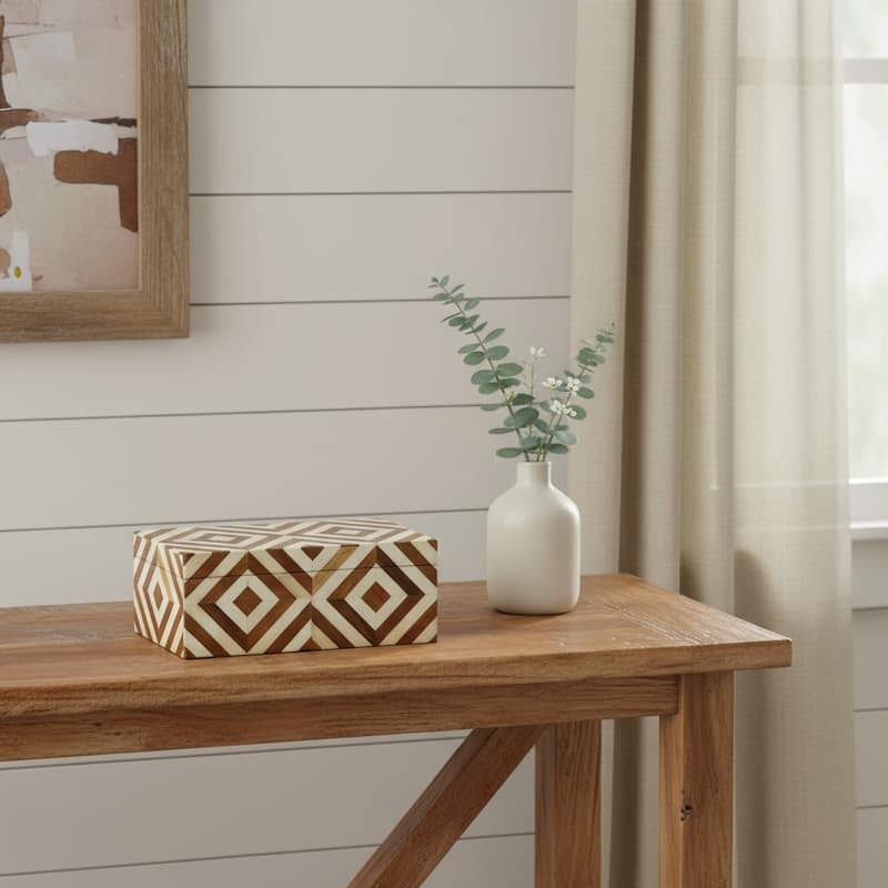 HomeRoots 12" Brown And Ivory Bone Inlay And Solid Wood Box With Lid - 21" W x 3.5" H x 11.5" D