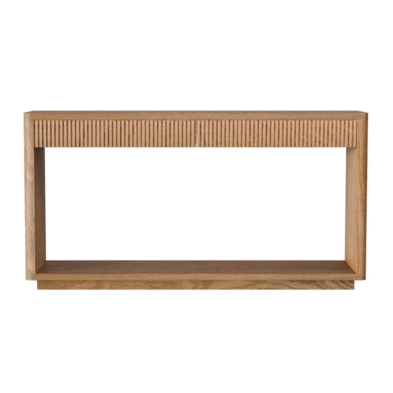 60" Modern 2-Drawer Fluted Console Table Natural Wood Veneer Sofa Table Behind Couch Table for Living Room